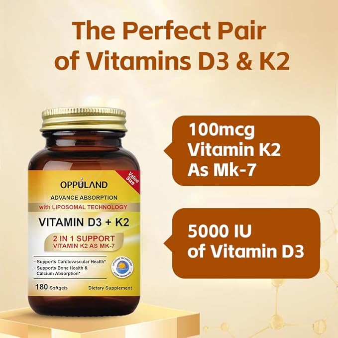 Vitamin D3 + K2 5000 IU - Liposomal Technology for Enhanced Absorption - MK-7 Vitamin K2 100mcg - Supports Bone &amp Calcium Metabolism - D3K2 Supplement for Men &amp Women - 180 Softgels