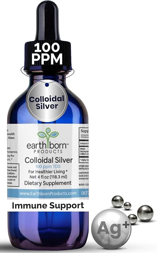 Earthborn Colloidal Silver Liquid (4oz) - 100PPM Pure Monatomic Silver Water - 99.9% Natural Nano Silver Liquid Supplement for Immune Support* Non-GMO Glass Bottle | Made in USA