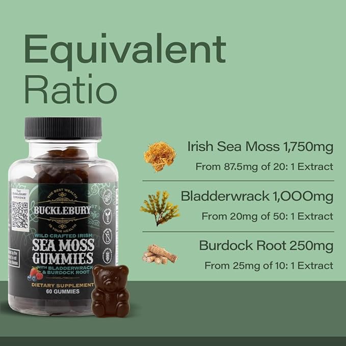 BUCKLEBURY Wild Crafted Irish Sea Moss Gummies with Bladderwrack &amp Burdock Root - Natural Chewable Multivitamin Vegan Sea Moss Gummies for Immune Thyroid &amp Digestive Support - 60 Count