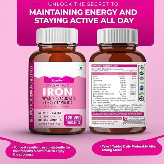 Chelated Iron + Vitamin C Tablets - 120 Veg Tablets with Vitamin B12 Zinc Folic Acid Beetroot Extract - High AbsorptionEnergy &amp Immunity 100% RDA