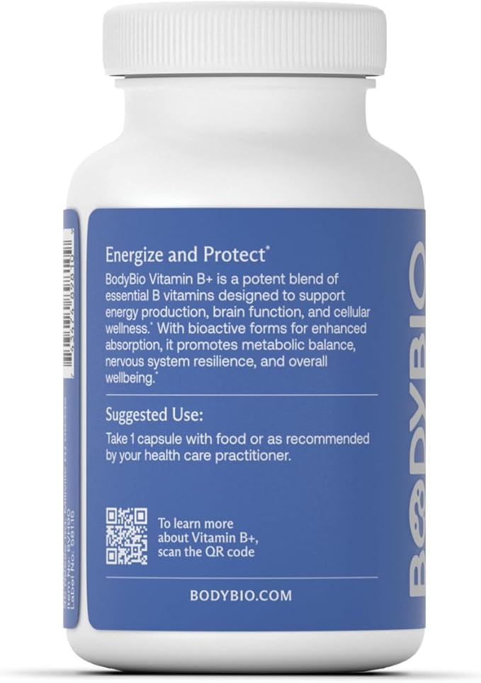 BodyBio - Vitamin B Complex Including B1 B2 B3 B5 B6 Methyl B12 Folinic Acid 5-MTHF and B7 to Supports Alertness Metabolism &amp Immune System 90 Capsules