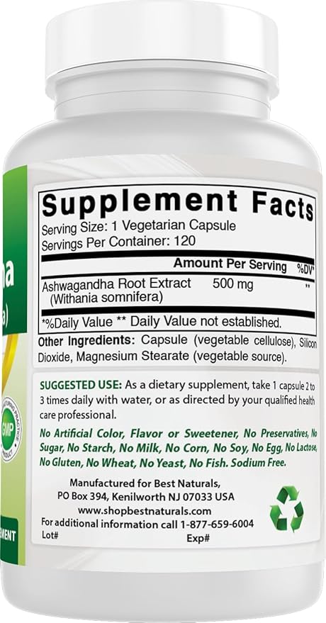 Best Naturals 3 Pack Ashwagandha Capsules for Relaxing Stress and Mood 500 mg 120 Count (Total 360 Capsules)