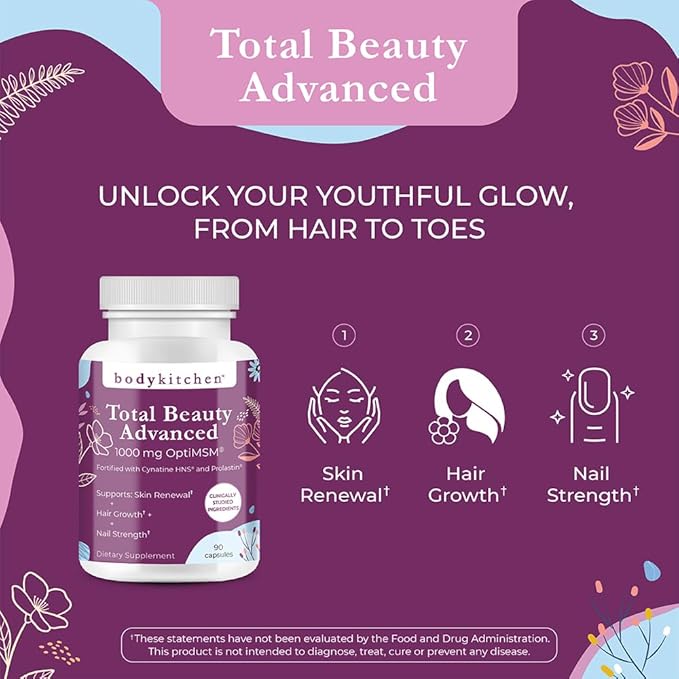 Body Kitchen Total Beauty Advanced Contains Elastin Keratin Biotin and Hyaluronic Acid Supports Hair Growth Skin Renewal Nail Strength Veggie Caps 90 Count