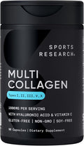 Sports Research® Multi Collagen Pills for Women &amp Men - Collagen Peptides (Type I II III V X) Enhanced with Hyaluronic Acid &amp Vitamin C - Gluten Free ­· Non-GMO - 90 Capsules