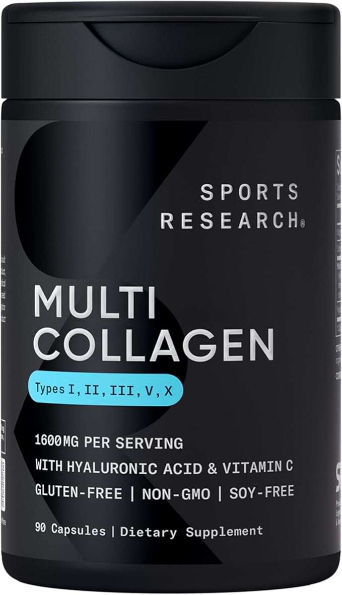 Sports Research® Multi Collagen Pills for Women &amp Men - Collagen Peptides (Type I II III V X) Enhanced with Hyaluronic Acid &amp Vitamin C - Gluten Free ­· Non-GMO - 90 Capsules