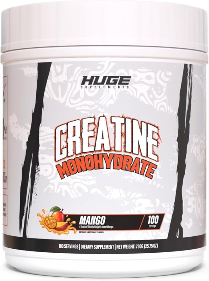 Huge Supplements Flavored Creatine Monohydrate Powder - Mango Flavor 500 Grams Third Party Tested Micronized for Optimal Absorption 5 Grams Per Scoop Delicious &amp Easy Mixability (100 Servings