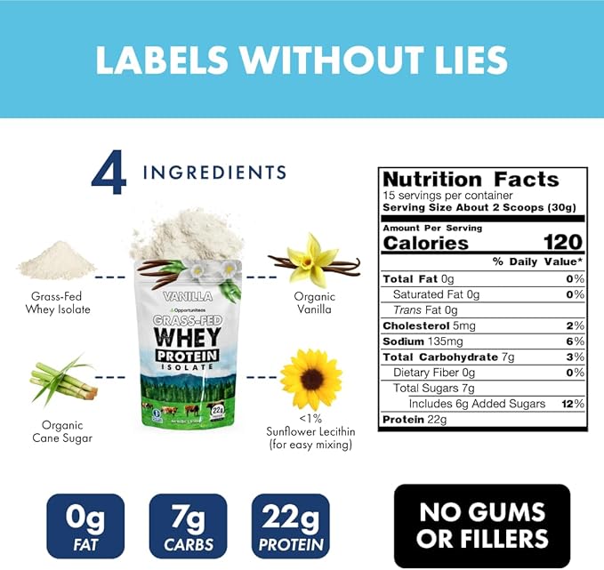 Opportuniteas Grass Fed Chocolate &amp Vanilla Whey Protein Isolate Powder - Protein Powder Without Artificial Sweeteners Hormone-Free Cows Non GMO - 2X 1lb Bundle