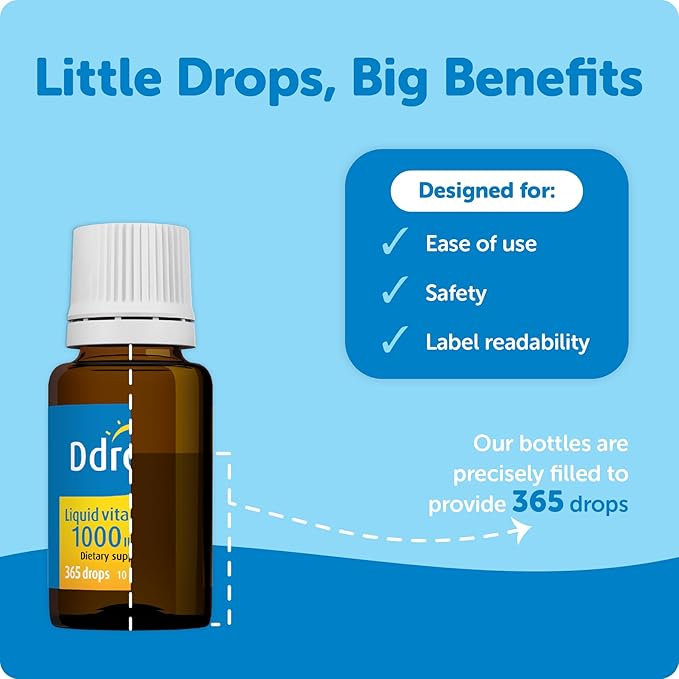 Ddrops Adults 1000IU 365 Drops - Liquid Vitamin D3 Supplement Supporting Strong Bones &amp Immune System