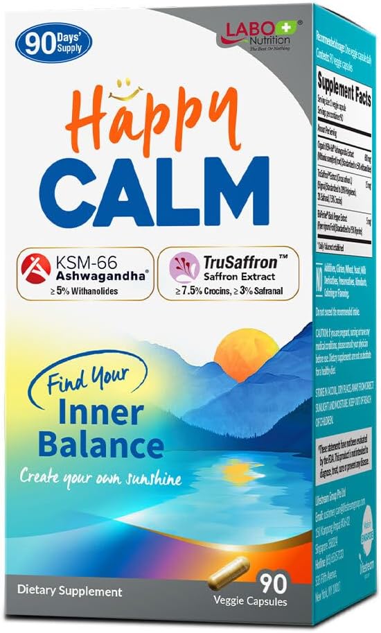 LABO Nutrition Happy Calm with KSM-66 Ashwagandha 5% Withanolides Saffron Extract and Black Pepper Extract for Stress Relief Energy Quality Sleep &amp Relaxation Non GMO 90 Veggie Capsules