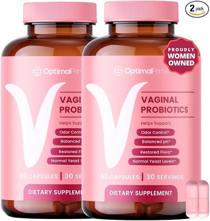 Optimal Prime Vaginal Probiotics for Women with Prebiotics Cranberry Extract and a Lactobacillus Probiotic Blend Supports Healthy Vaginal Flora Odor Control pH Balance 60 Capsules (Pack of 2)