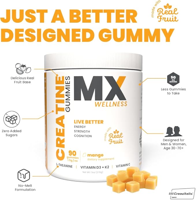Creatine Monohydrate Gummies for Men &amp Women – Real Fruit Gummy Supplement for Muscle Growth Recovery Longevity Cognitive Health &amp Memory – 90 Chews (90 Gummies Mango)