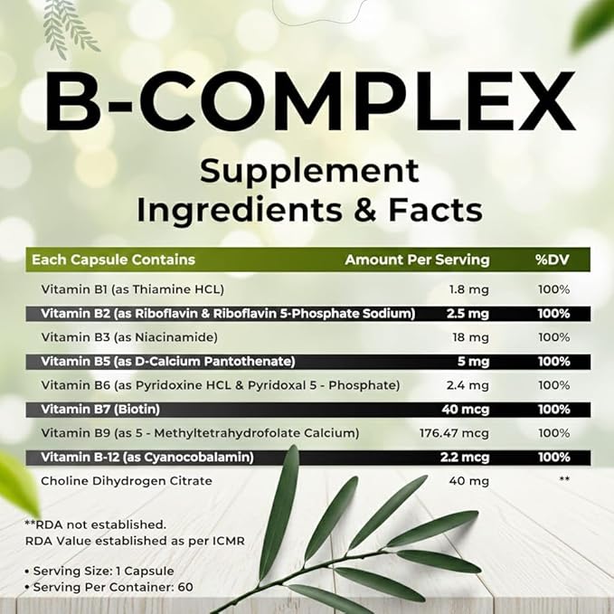 Plant Based Vitamin B-Complex - All essentail B Vitamins in One | Hair Growth Boosts Energy &amp Immunity - 60 Veg Capsules