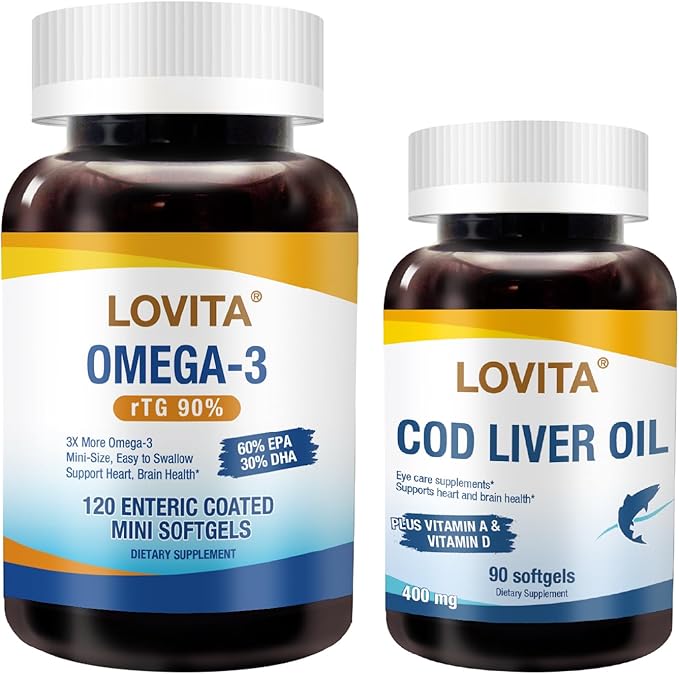 LOVITA Omega Duo Bundle - 1 Fish Oil (120ct) &amp 1 Norwegian Cod Liver Oil (90ct) High Absorption rTG &amp TG Forms VIT A &amp D (2 Pc)