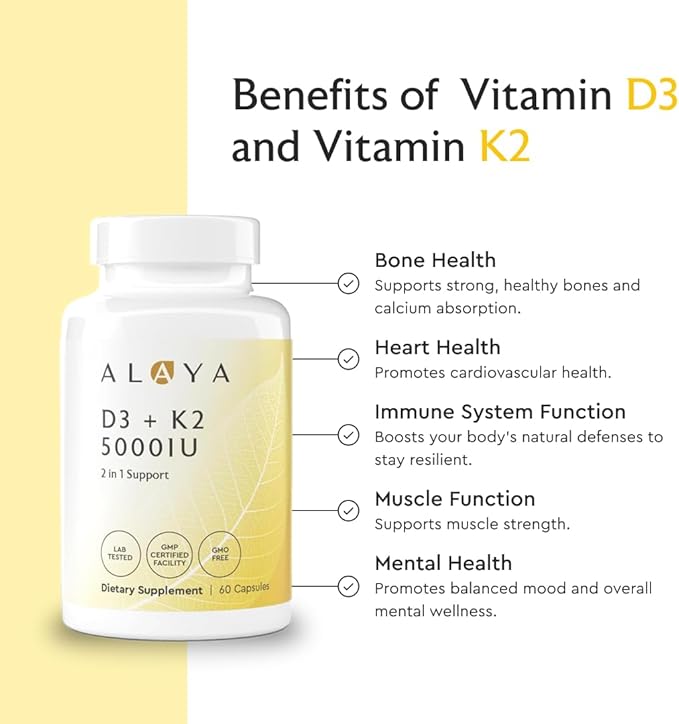 Alaya Naturals Vitamin D3 K2 Supplement – 5000 IU D3 50 mcg K1 15 mcg K2 MK-7 – High Absorption Capsules for Bone &amp Immune Support Non-GMO Vegetarian Capsules 60 Count
