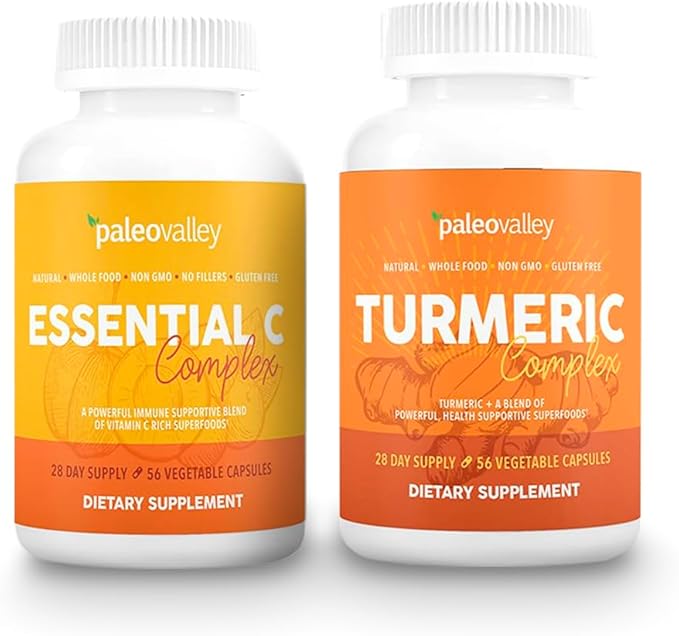 Paleovalley Organic Turmeric Complex + Essential C Complex Bundle – Full Spectrum Turmeric + Whole-Food Vitamin C – Joint Immune &amp Antioxidant Support – 56 Veg Capsules + 450mg Essential C