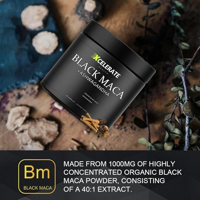 40:1 Black Maca Root Extract + Ashwagandha Capsules (40000MG) – Natural Energy Focus Mood &amp Vitality Support for Men &amp Women – Herbal Adaptogen Blend – 60 Vegan Capsules