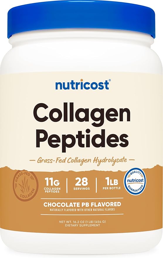 Nutricost Collagen Peptides Powder (Chocolate Peanut Butter Flavored) 1 LB - Grass-Fed Collagen Hydrolysate Gluten-Free