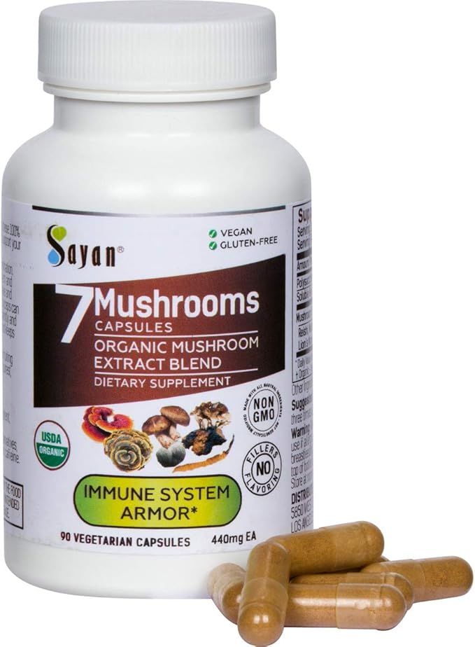 Sayan 7 Mushroom Extract 90 Capsules/440mg ea – Immune Support &amp Energy – Organic Chaga Reishi Lion's Mane Maitake Shiitake Turkey Tail Adaptogen Blend – Vegan Non-GMO No Fillers or Additiv
