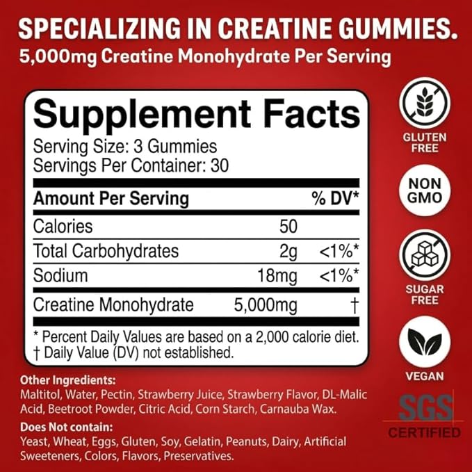 99.9% Creatine Monohydrate Gummies SGS Certified 5000mg Creatine Gummies for Men &amp Women Support Muscle Strength Recovery &amp Stamina Sugar Free Vegan Non-GMO Strawberry Flavor 90 Count