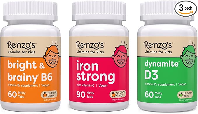 Renzo's Vitamins Mighty Kid Bundle - Iron Supplements for Kids Vitamin D3 for Kids and Bright &amp Brainy Vitamin B6
