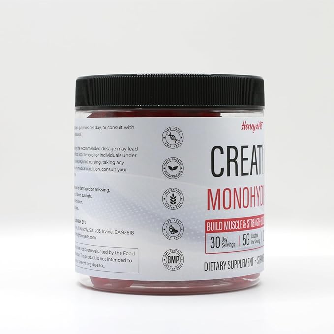 HoneyArts Creatine Monohydrate Gummies - 5000mg Creatine Natural Strawberry Flavor 120 Count - Vegan Sugar-Free Boosts Performance &amp Recovery