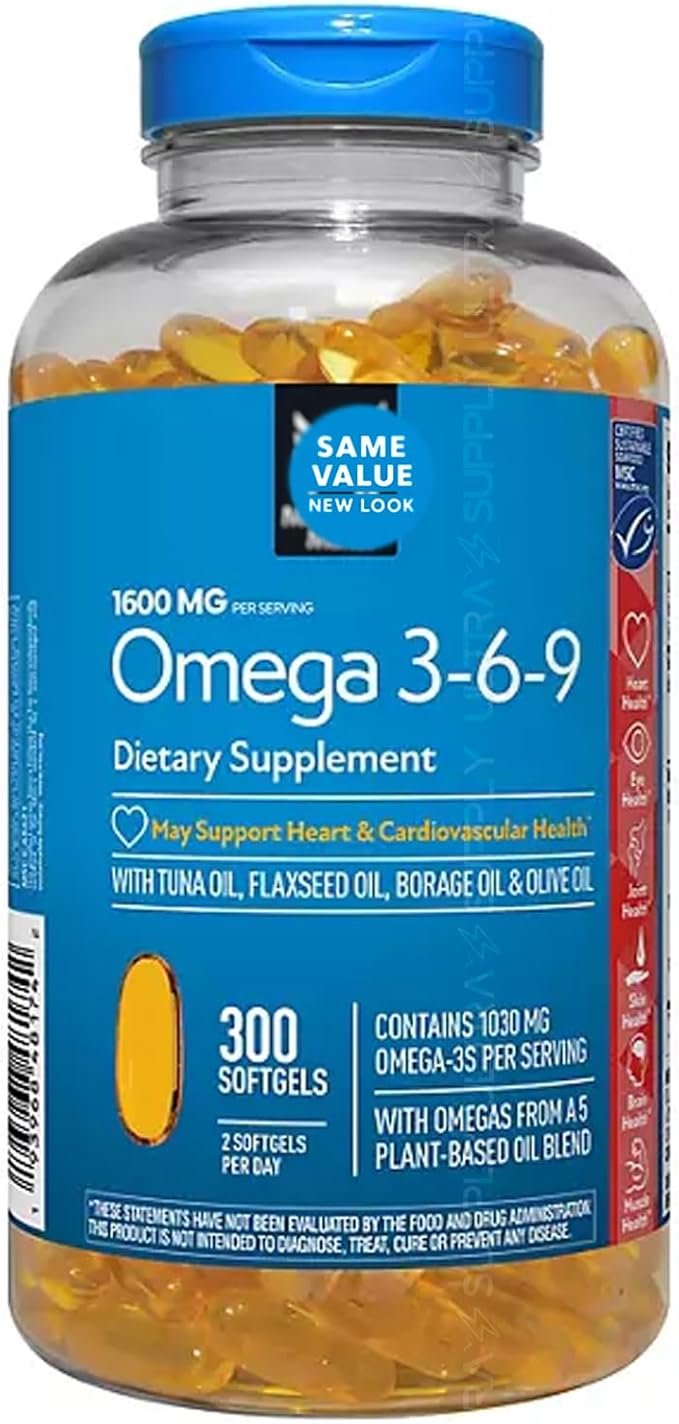 Members Mark Omega 3-6-9 Softgels 1600 mg (300 Count.) – Heart Brain Joint Skin &amp Eye Health Essential Fatty Acids Blend