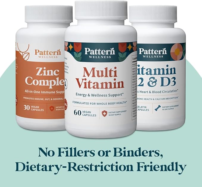 Pattern Wellness Men's Health Bundle - Multivitamin Vitamin K2 &amp D3 Zinc Complex - Male Health &amp Wellness Support - 3 Pack All-Natural Plant-Based Formulas