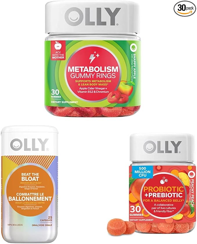 OLLY Metabolism Gummy Rings Apple Cider Vinegar Vitamin B12 Chromium Energy and Digestive Health Chewable Supplement (30 Count) and OLLY Beat The Bloat Capsules Digestive Support Enzymes Supplem