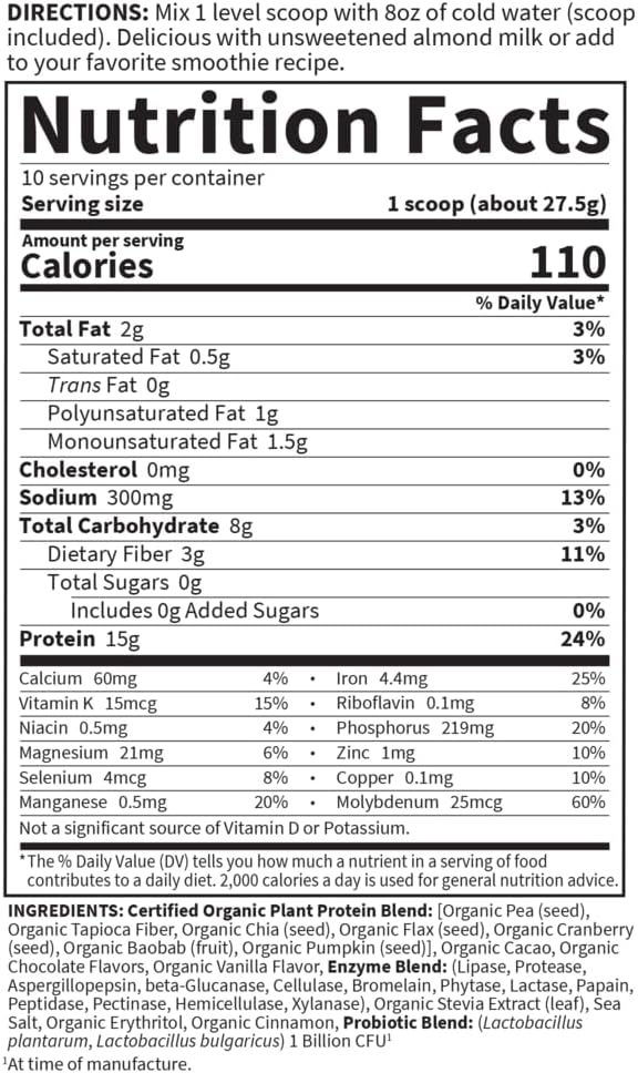 Garden of Life Organic Plant Protein Smooth Chocolate Powder 10 Servings - Vegan Grain Free &amp Gluten Free Plant Based Shake with 1 Billion CFU Probiotics &amp Enzymes 15g Protein