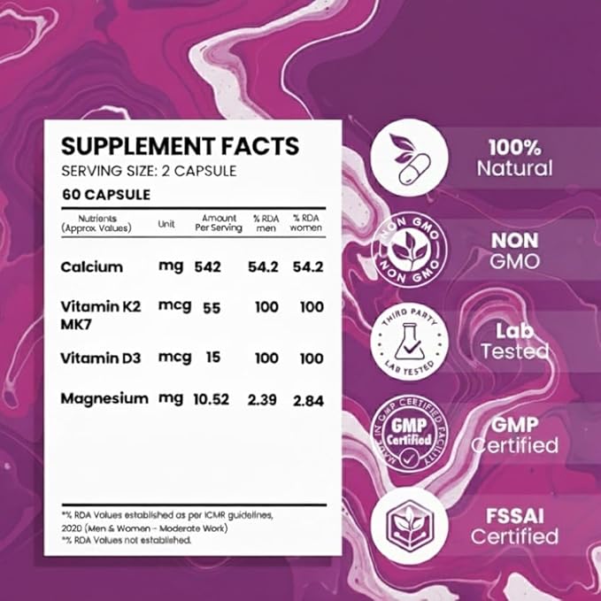 Calcium with Magnesium Vitamin D3 &amp Vitamin K2- Mk7 - BoneMax - Bone Health Complex - 60 Vegetable Capsules