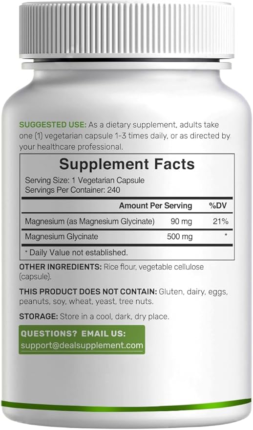 Deal Supplement Magnesium Glycinate 500mg 480 Veggie Capsules | 100% Chelated for Easy Absorption | Essential Mineral Supplement | Non-GMO Gluten-Free
