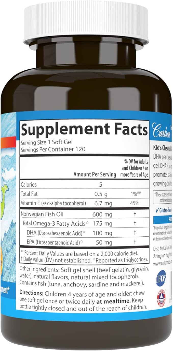Carlson - Kid's Chewable DHA 100 mg DHA Brain Health Vision Function Growth &amp Development Orange 120 Chewable Softgels