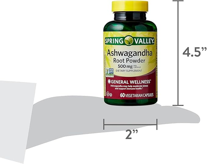 Spring Valley Ashwagandha- 500mg Root Powder 60 Capsules (Pack of 1) Set by Basket Goods