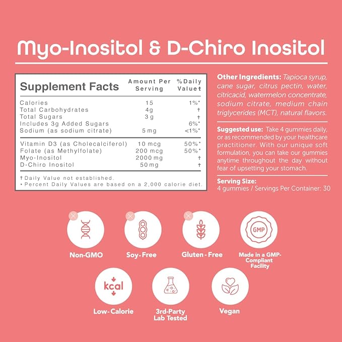 kindnature Myo-Inositol &amp D-Chiro Inositol Gummies for Women – 2000mg + 50mg Ideal 40:1 Ratio – with Vitamin D &amp Folate – Hormone Balance &amp Fertility Support – Vegan Watermelon Flavor (1