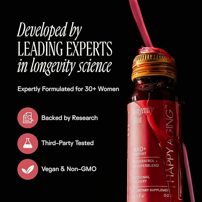 Happy Aging Liquid NAD+ Supplement for Women | Liposomal Nicotinamide Riboside &amp Resveratrol Shots for Energy Skin Health &amp Brain Fog | NMN Alternative with Antioxidants | 10 Shots 30-Day Su