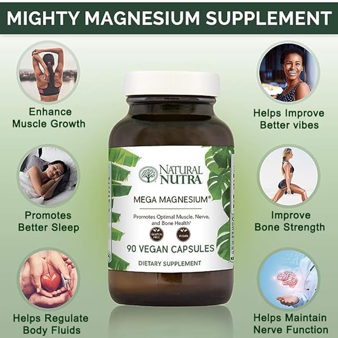 Natural Nutra Mega Magnesium 400mg Supplement - High Absorption Amino Acid Chelate Citrate Malate Blend for Muscle Growth Bone Strength Heart Health Nerve Support - 90 Capsules (Pack of 3)