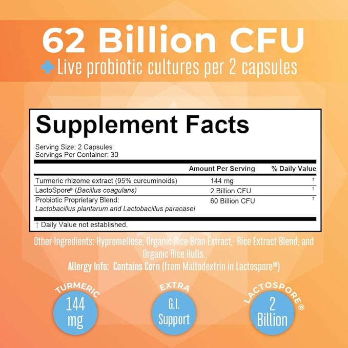 MaryRuth Organics Probiotic Turmeric + Extra GI Support | 62 Billion CFU | Organic Ingredients Turmeric Complex with Probiotics | Turmeric Curcumin Capsules for Digestion | Vegan | 60 Count