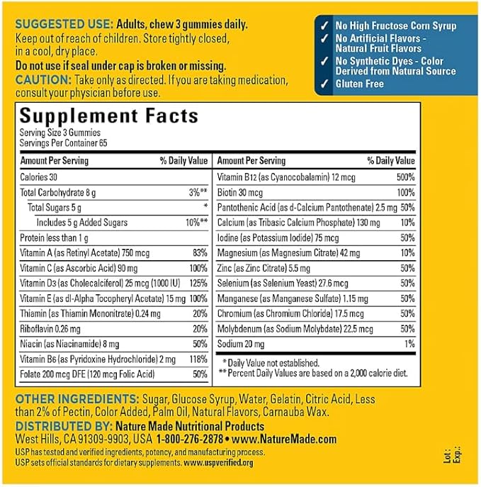 Nature Made - Advanced Multi Gummies Supplement for Him with Magnesium and Calcium - Mixed Berry Flavor 195 CT Plus Bonus 2 Sugar Free White Peach Hydration Sticks
