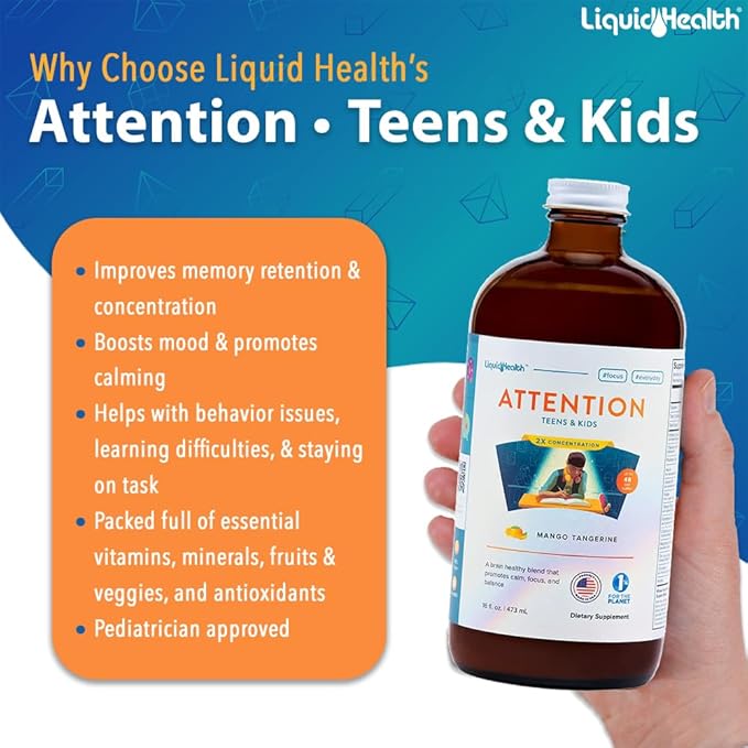 LIQUIDHEALTH Mega Energy B-Complex &amp Attention Teens &amp Kids Liquid Vitamin Bundle for Children - Improve Focus &amp Concentration Boost Mood Increase Natural Energy Levels - Vegan Non-GMO