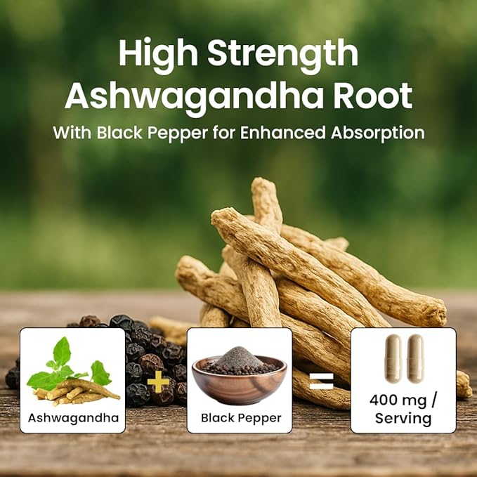 NooMost Organic Ashwagandha 400mg Capsules w/Black Pepper Extract as Vegan Ashwagandha Supplements for Anti Stress Relief Natural Mood Support Energy &amp Focus-60 Capsules