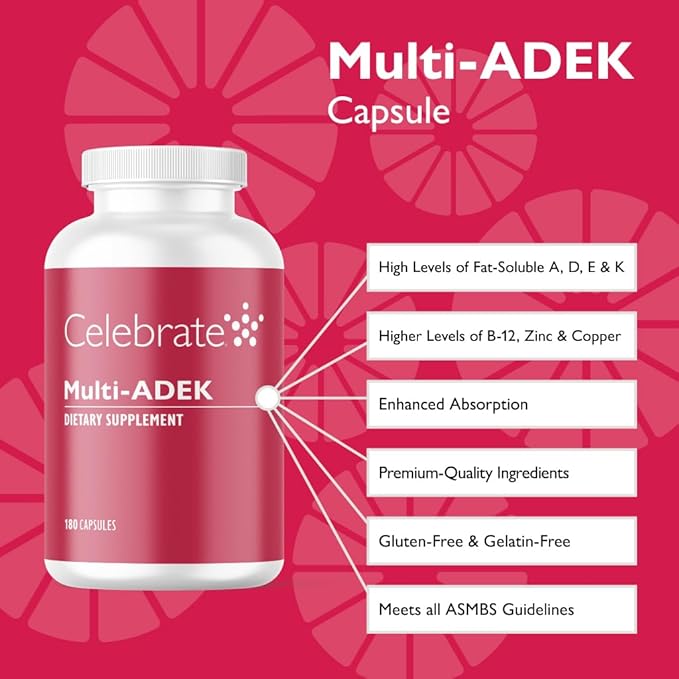 Celebrate Vitamins Multi ADEK Iron Free – Daily Bariatric Multivitamin High Level of Vitamins A D E K &amp B12 for Duodenal Switch Surgery Patients (180 Capsules)