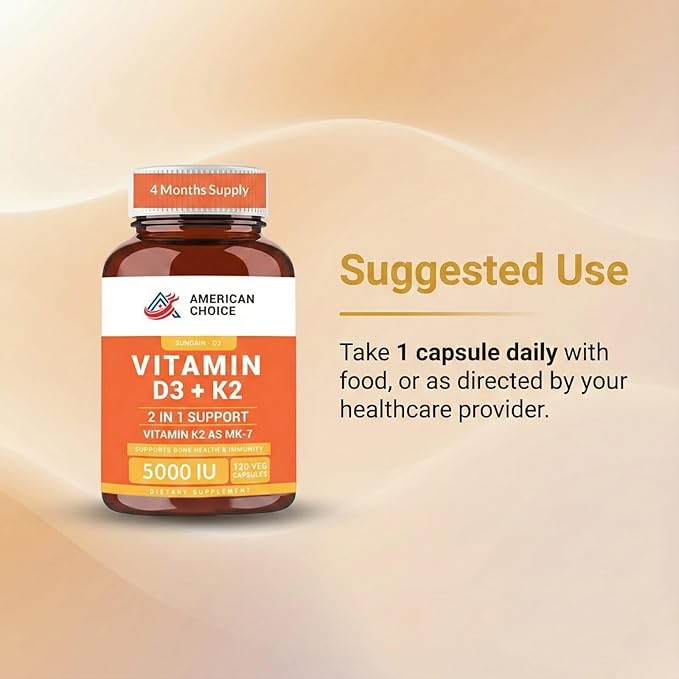 Vitamin D3 5000 IU – Enhanced Bone Heart &amp Immune Support – Supports Calcium Absorption Clean &amp Trusted Formula for Daily Wellness + Vitamin K2 (MK-7) 100 mcg – 120 Capsules