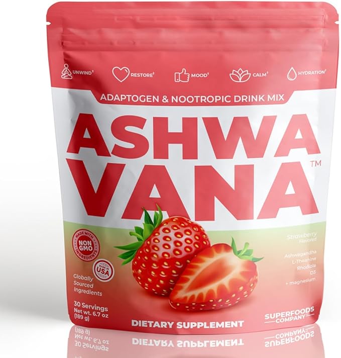 ASHWAVANA Zen Relax Drink Mix - Nootropic Adaptogen-Infused Ashwagandha Beverage - Rhodiola Magnesium L-Theanine - Restore &amp Unwind - Alcohol Alternative - Strawberry Flavor - 60 Count (Pack of