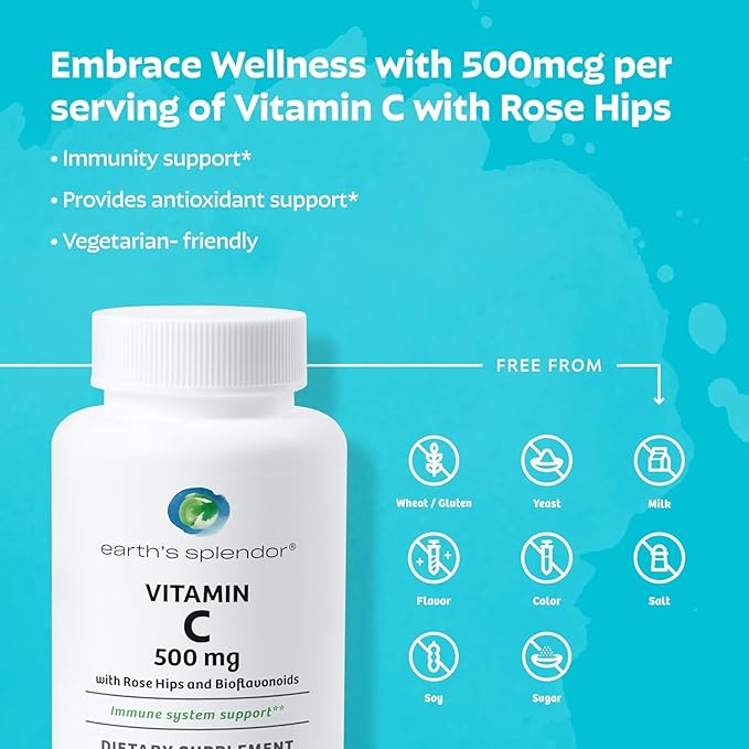 Earth's Splendor Energy &amp Immune Support: Vitamin B12 (1000mcg) Vitamin C with Rose Hips (500mg) and Vitamin D (2000 IU) - No Artificial Colors or Flavors Gluten Free for Men &amp Women