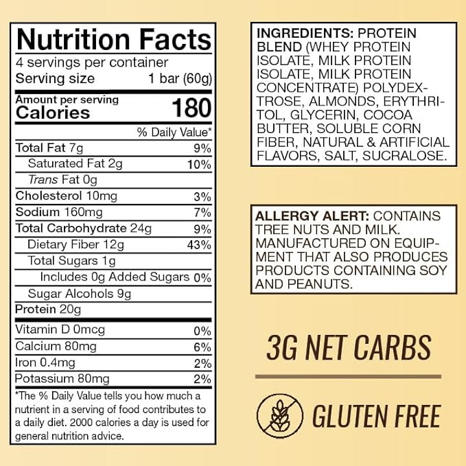 AtLast! Nutrition Yellow Cake Protein Bars 20g Protein 1g Sugar 3g Net Carb Gluten Free Keto Friendy 12 Count
