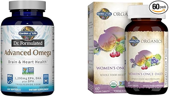 Garden of Life Omega-3 Fish Oil 1290mg EPA+DHA+DPA 180 Softgels &amp Once Daily Organic Whole Food Multivitamin for Women 60 Tablets
