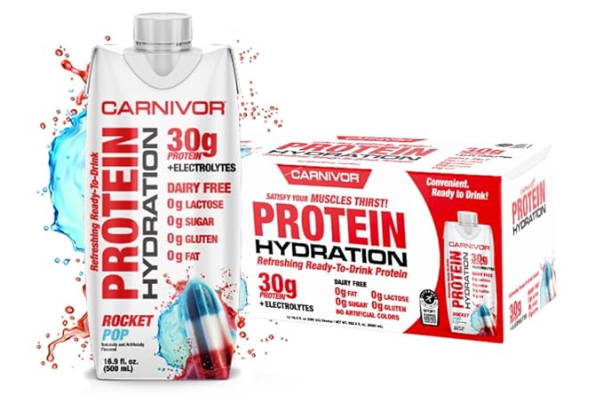 MuscleMeds Carnivor Protein Hydration RTD Ready to Drink Lactose Free Sugar Free 30g Isolate Protein Halal Certified Rocket Pop 16.9 Fl Oz (Pack of 12)