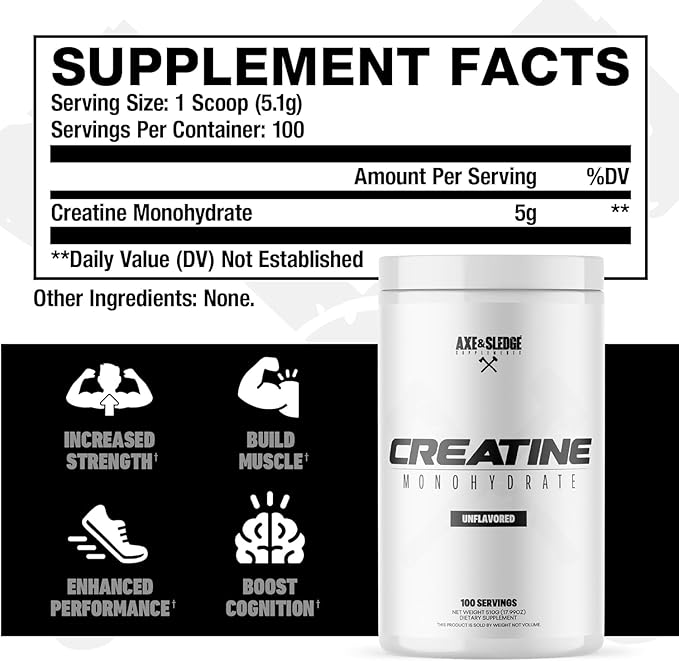 Axe &amp Sledge Basics Creatine | Unflavored Enhances Strength &amp Performance Increases Lean Body Mass 50 Servings | Pure Creatine Monohydrate No Fillers or Artificial Substances | 100 Serving
