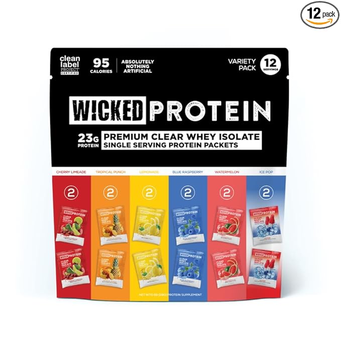 WICKED Protein Clear Whey Isolate Variety Pack 23g Protein 6 Flavors 95 Calories 0-1g Sugar Nothing Artificial No Sucralose Clean Label Project Certified Gluten Free 0g Lactose 12 Pack