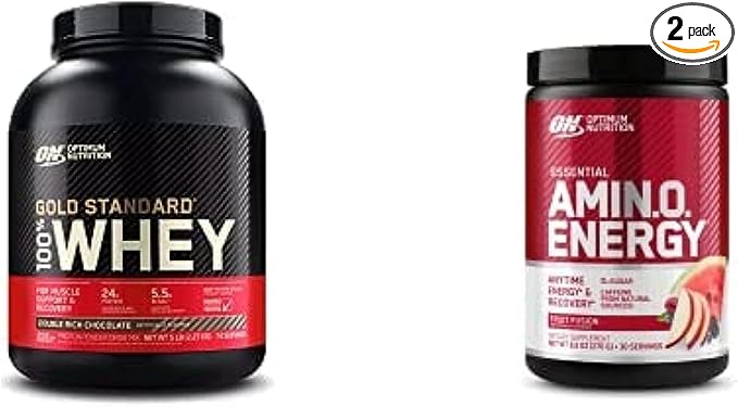 ON Gold Standard 100% Whey Protein Primary Source Isolate - Double Rich Chocolate 74 Servings + ON Amino Energy - BCAA Amino Acids Keto Friendly Green Coffee Extract- Fruit Fusion 30 Servings